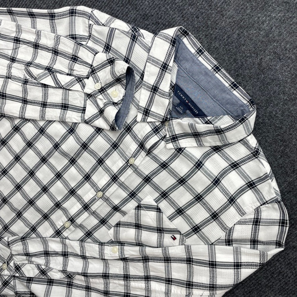 Tommy Hilfiger Plaid Seersucker Button Down Shirt White Navy Blue Large Y2K